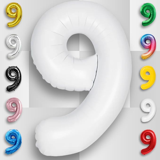 White Number Balloon 9 Mylar Foil Balloons 32 inch - Image 4