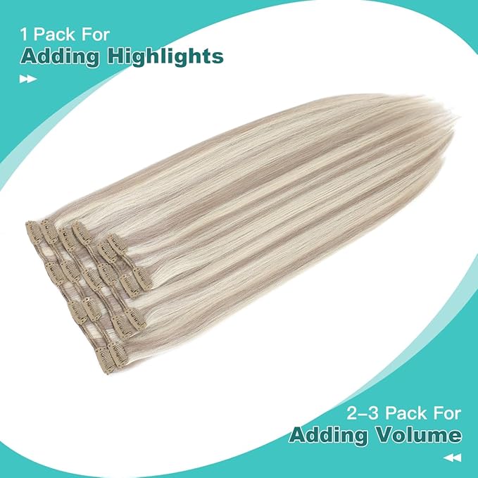SURNEL 22inch Clip in Extensions Human Hair Ash Blonde Highlights Bleach Blonde Clip in Hair Extensions for Women 120g 6pcs(#18/613,22")