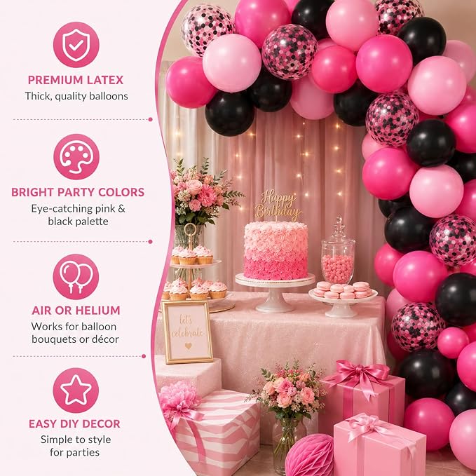Pink and Black Balloons, 12 Inch Hot Pink Black Balloons Set - Image 6