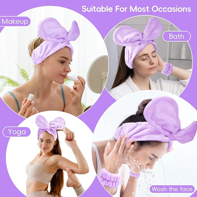 Face Wash Headband and Wristband Set Fashion Spa Headband, Coral Velvet Face Wash Set for Women, Adjustable Makeup Headbands Hair Band for Washing Face, Facial Skincare (Purple)