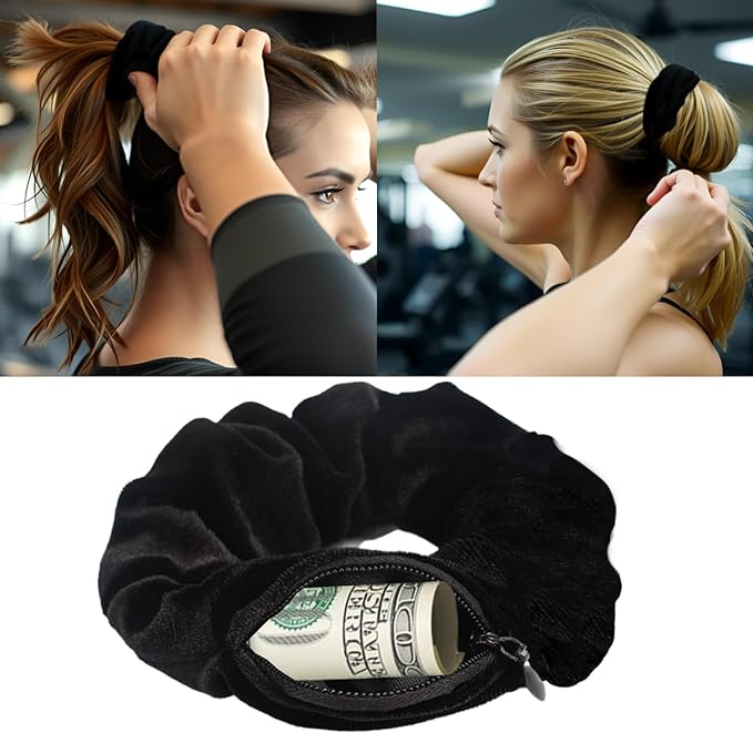 Zipper Scrunchie,Velvet Scrunchie with Zipper Pocket for Women - Hair Tie with Hidden Storage Compartment for Cash, Lipstick, Keys & Valuables | Hidden Compartment Items for Travel (Black, 8)