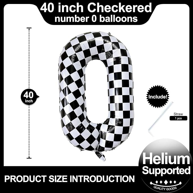 Checkered Number 0 Balloons 40 Inch Giant Race Car Checkered 0 Balloons - Image 2