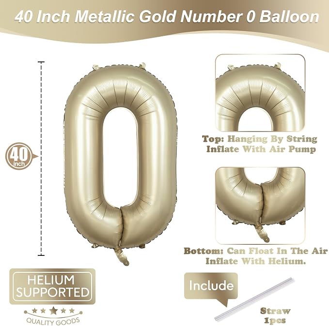 Metallic Gold Number 0 Balloons 40 Inch, Large Champagne Number Balloons 0-9 Set - Image 2