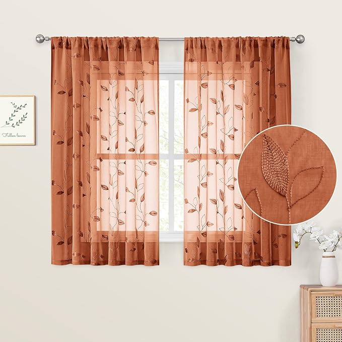 HOMEIDEAS Fall Burnt Orange Sheer Curtains 52 x 54 Inch Length 2 Panels by HOMEIDEAS