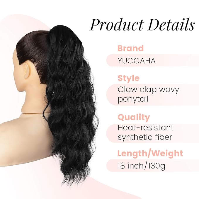 Ponytail Extension, 18 Inch Claw Clip Ponytail Extensions for Women Wavy Ponytail Hair Extension Jaw Clip on Pony Tails Hairpiece Fluffy Natural Synthetic for Daily Use (Natural Black)