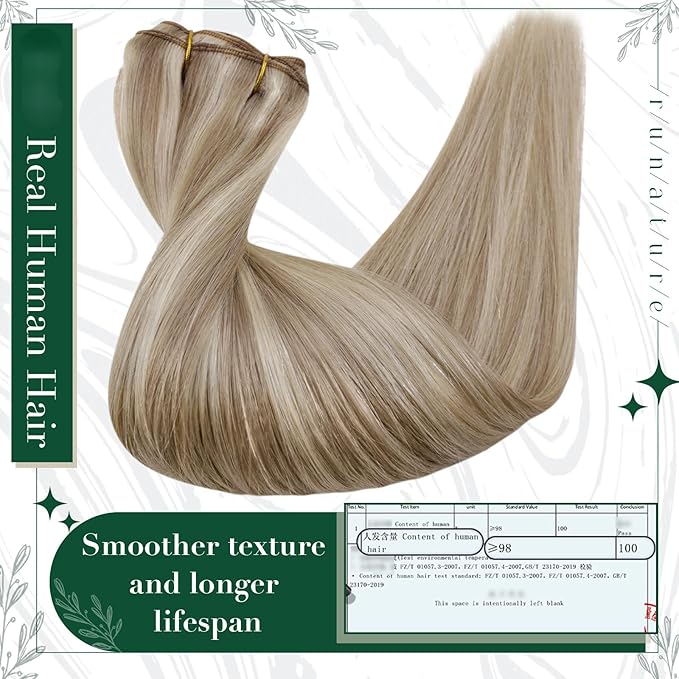 RUNATURE Clip in Extensions Real Human Hair Highlight Hair Extensions Clip Ins, Double Weft Straight Remy Hair, Can Be Styled 14 Inch 50g 3pcs #8P60 Light Brown Highlight Platinum Blonde