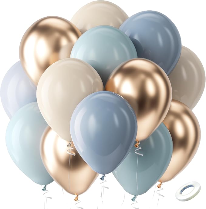 Bezente Dusty Blue Gold Party Latex Balloons Kit 60pcs 12-in by Bezente