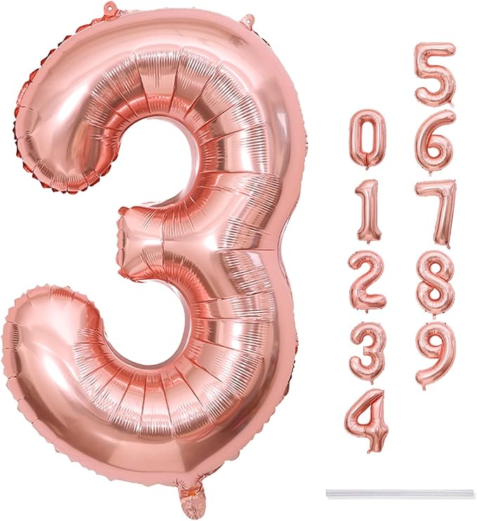 Rose Gold Number 3 Balloon for Girls, 40 Inch Large Number 0-9 Foil Mylar - Image 9