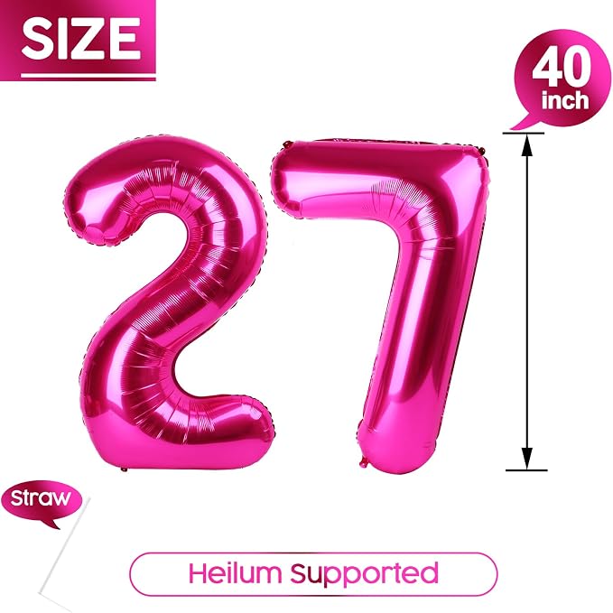 27 Balloon - Hot Pink Birthday Number Balloons, 40 Inch Party Decorations | Hot - Image 5