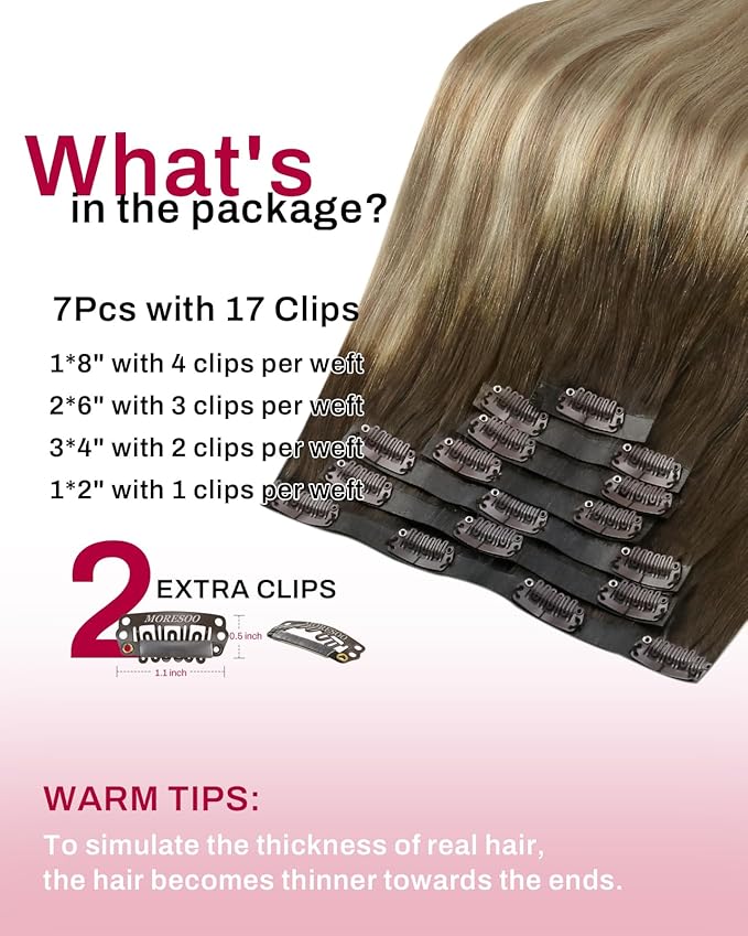 Moresoo Seamless Clip ins Human Hair Balayage Brown to Blonde Clip in Hair Extensions Real Human Hair Light Brown with Medium Blonde Pu Skin 120g/7pcs 16 inch