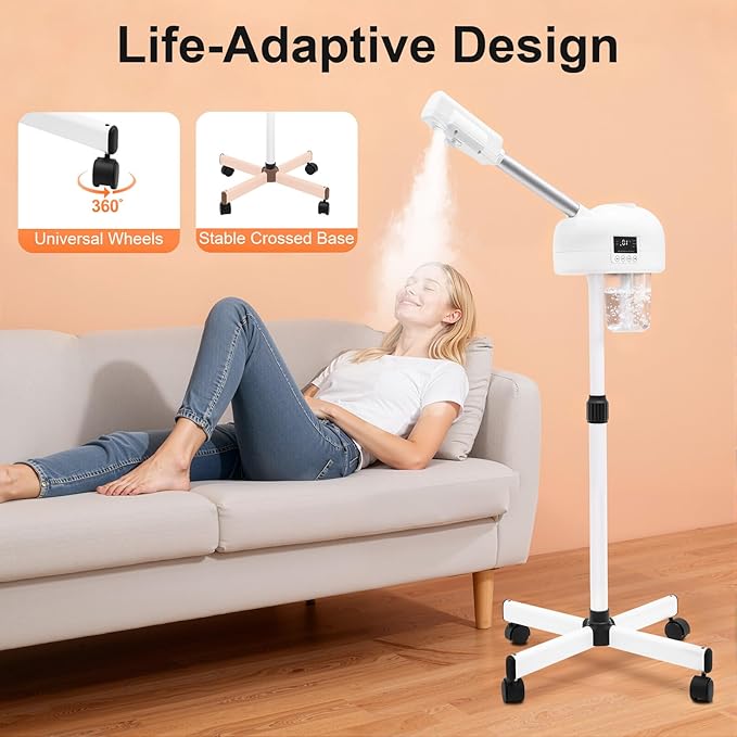 Professional Facial Steamer, 750W White Skin Care Equipment w/Wheels & LCD Panel, PTC Heating, 600ml Large Capacity Face Steamer Machine, Adjustable Height Hot Mist Steamer for Beauty Salon