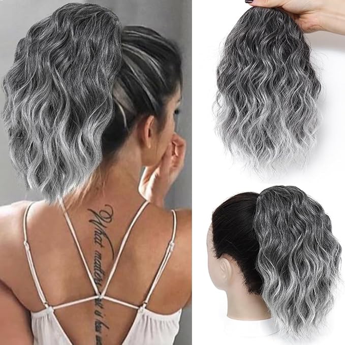 Ponytail Extension-12 Inch Drawstring Ponytail Hair Extensions for Women Synthetic Curly Wavy Fake Pony Tails Hair Pieces for Daily Party Use (Black/Grey)