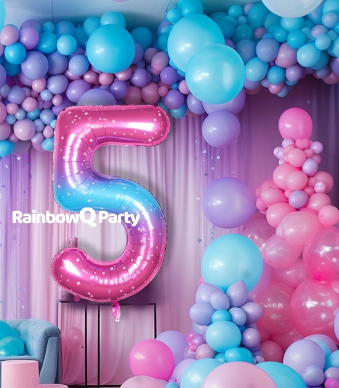 RainbowQ Blue Pink 5 Balloon Number 40 Inch Big 0-10 Foil Large Balloon | - Image 3