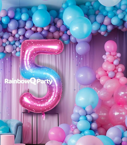RainbowQ Blue Pink 5 Balloon Number 40 Inch Big 0-10 Foil Large Balloon | - Image 3