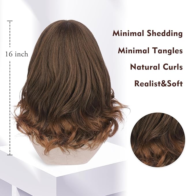 Wig with Bangs for Women | 16 Inch Layered Body Wave Synthetic Wig | Heat Resistant Yaki Fiber Natural Looking Shoulder Length Wigs | Synthetic Wig for Daily Wear - Auburn Mix Dark Brown
