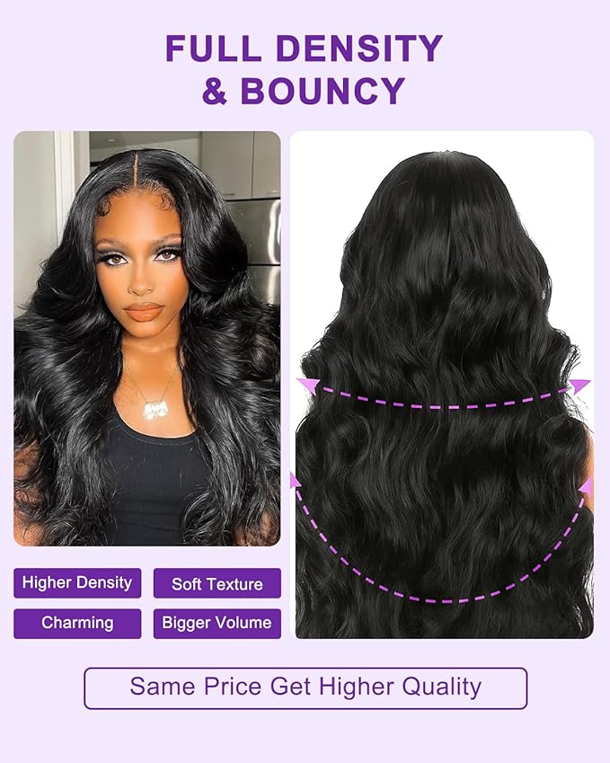 9x6 SKINLIKE Real HD Lace Closure Wig, Body Wave 180% Density 0.10mm Ultra-thin Swiss Lace Pre-plucked Bleached Small Knots With Baby Hair Natural Black Human Hair Wigs 26Inch