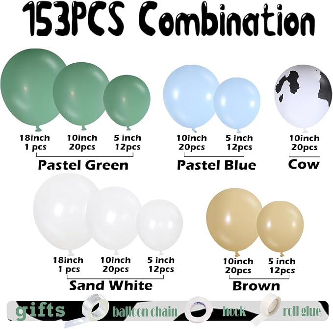 153 Pcs Green Cow Balloon Arch Garland Kit – Sage Green, Sand White, and Cow - Image 2