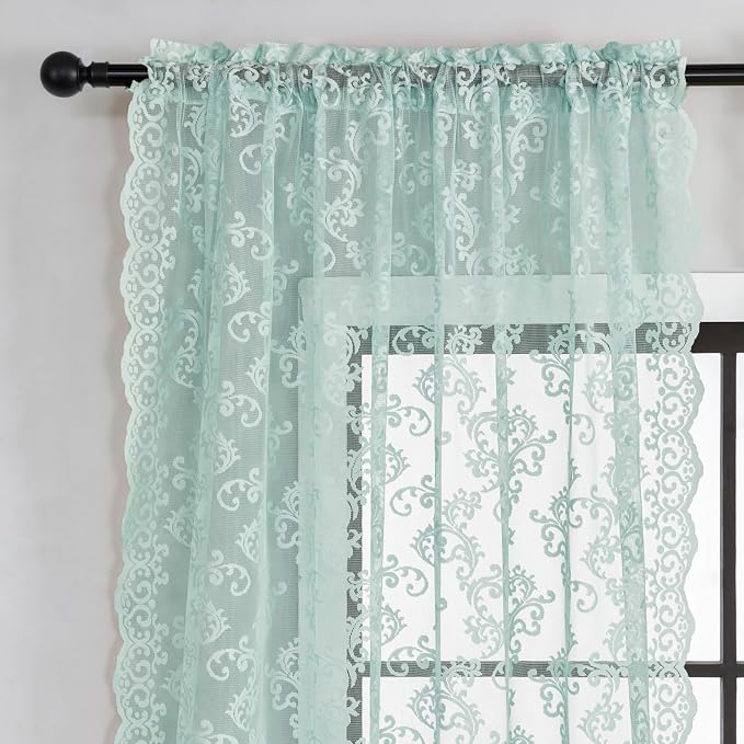 FOLKSIDE Pastel Turquoise Lace Curtains 63 Inch Length Western Paisley Aqua - Image 3