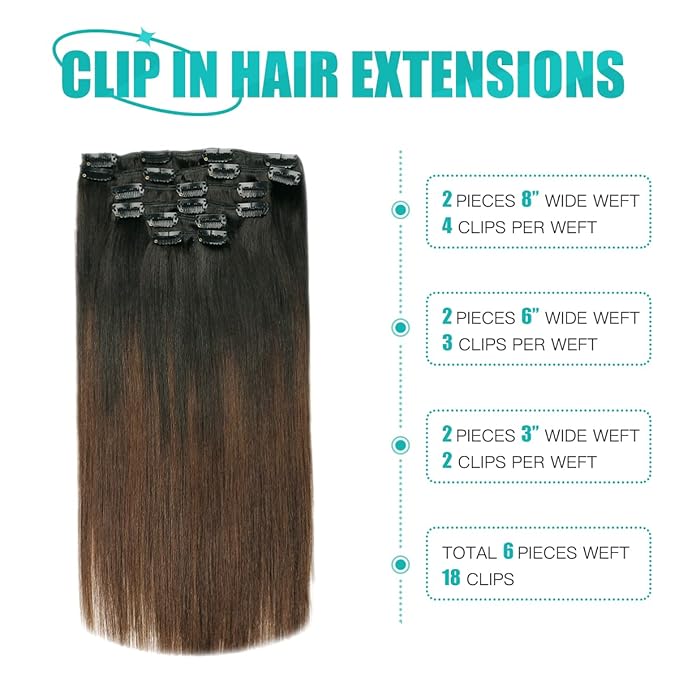 SURNEL Clip in Human Hair Extensions 14 Inch 6pcs 100g Omber Natural Black to Chocolate Brown Clip in Hair Extensions (#1BT4,14'')
