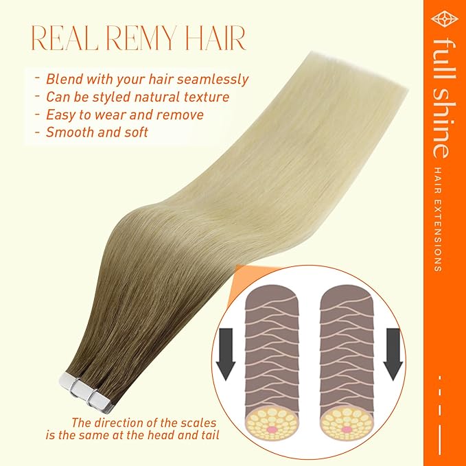 Full Shine Blonde Tape in Hair Extensions Human Hair 12 Inch Tape in Extensions Straight 3 Dark Brown Ombre 8 and 613 Bleach Blonde Double Sided Tape in Human Hair Extensions 30G 20Pcs for Wedding