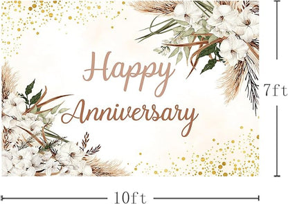 MEHOFOND Boho Happy Anniversary Backdrop White Floral Bohemia Pampas Grass - Image 4