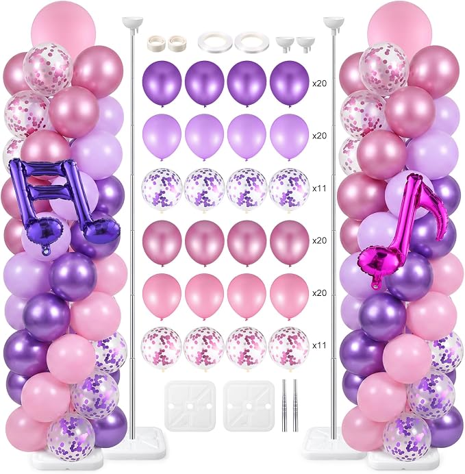 Skylety 2 Sets Kpop Music Balloon Column Stand Kit Adjustable Music Purple Pink by Skylety