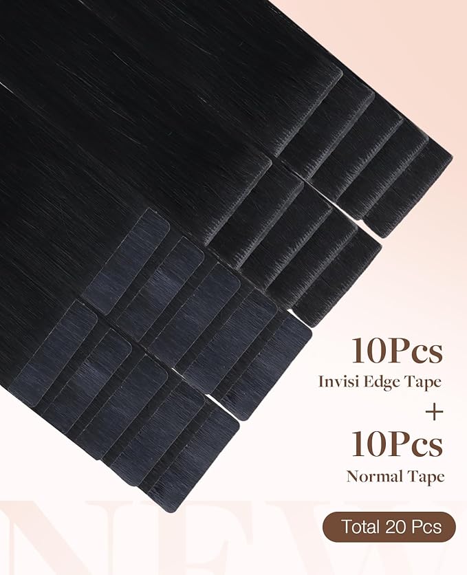 GOO GOO Invisi Edge Tape in Hair Extensions Human Hair, 1 Jet black 10pcs injected with 10pcs classical tape ins, 22inch 50g, Virgin Remy Hair, Natural Look