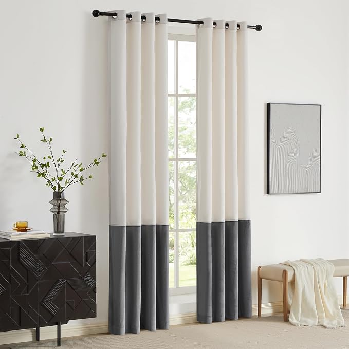 BULBUL Color Block Window Curtains Panels 84 inches Long Cream Ivory Grey - Image 7