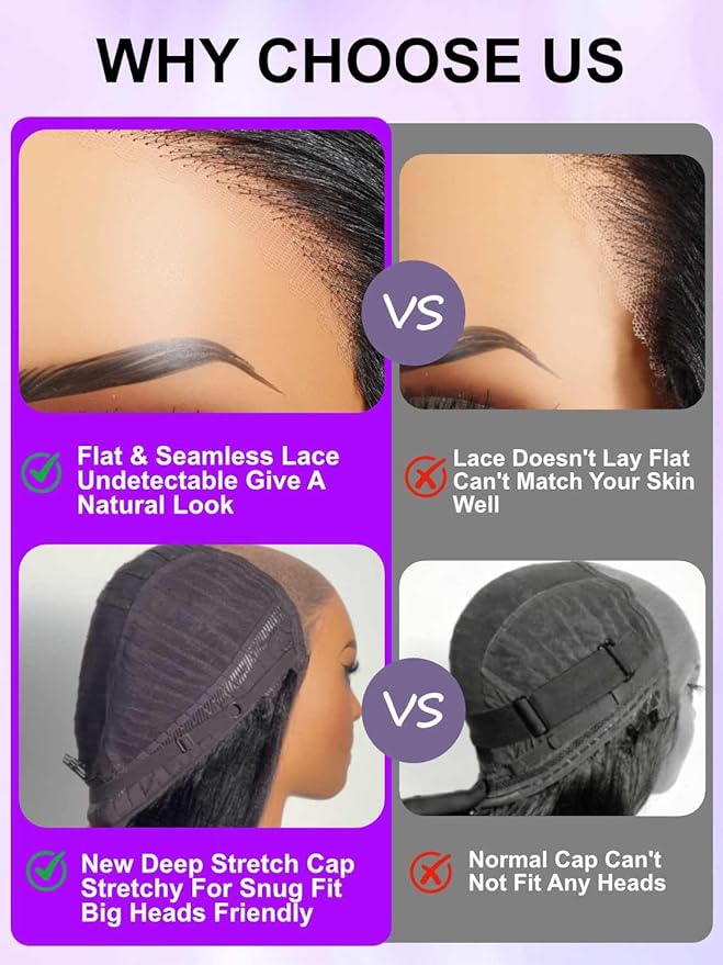 YIROO No Slip 7x5 Bye Bye Knots Yaki Straight Lace Front Glueless Drawstring Wig Human Hair with Deep Stretch Cap Fits All Head Sizes,Pre-Plucked Pre-Cut Wear and Go Wig for Women 150% Density 18Inch