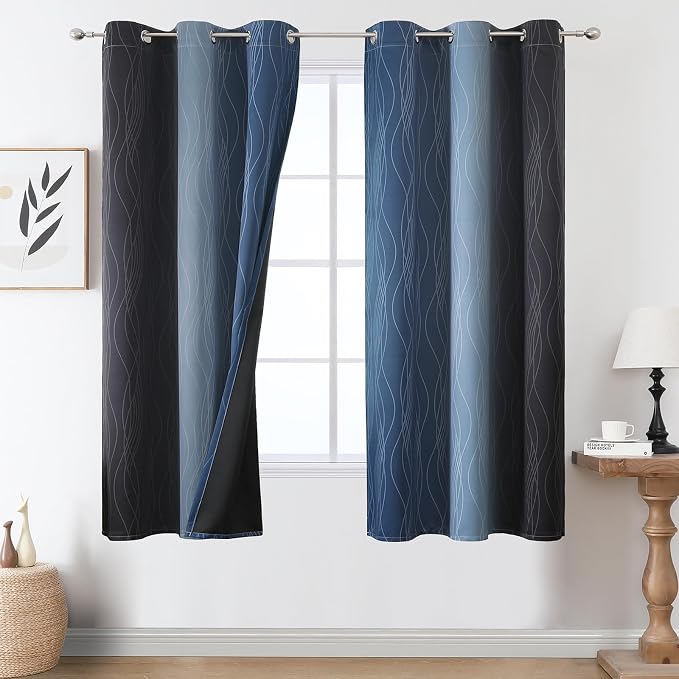Navy Blue and Black Ombre Blackout Curtains 63 Inches Long, Full Room Darkening by ESTELARTEXTILER