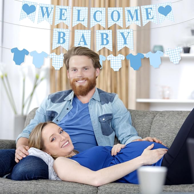 Hahafelt 1 Pcs Blue Gingham Welcome Baby Banner - Image 5