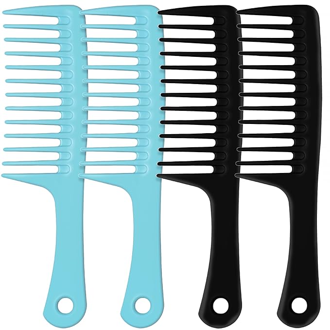 MODENGKONGJIAN 4PCS Wide Tooth Comb, Large Hair Detangling Comb Styling Comb for Curly, Wet, Long Hair (Black & Blue, Polypropylene (PP))
