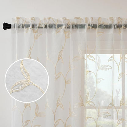 Sheer Curtains Boho Leaf Floral Embroidered Cream Beige 54Wx63L | Light - Image 3