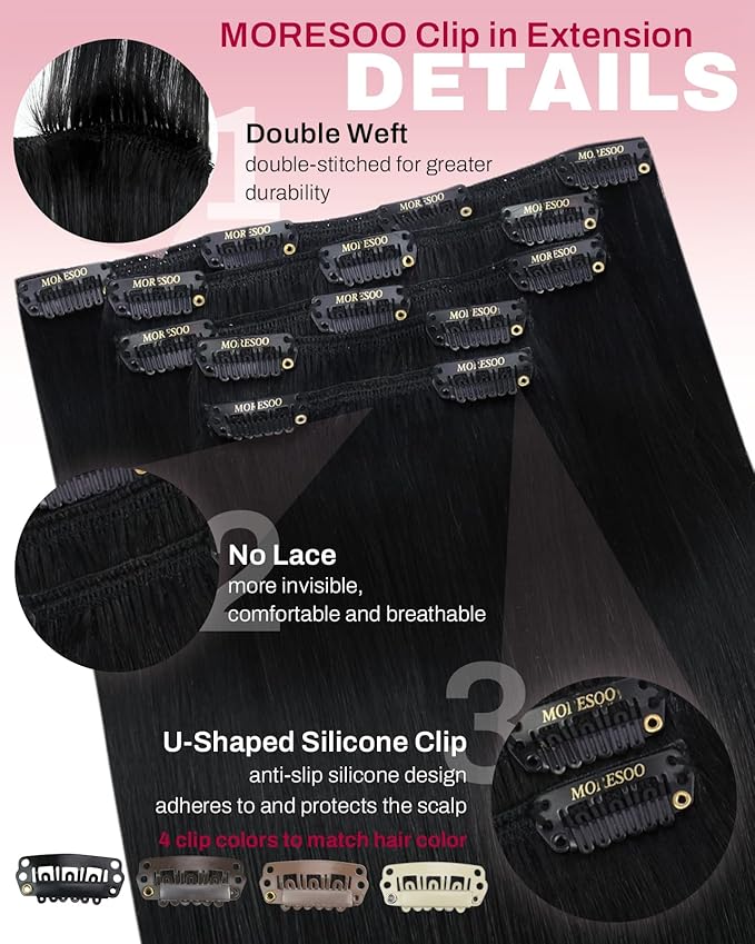 Moresoo Short Clip in Hair Extensions Black Hair Extensions Clip in Real Human Hair Jet Black Double Weft for Women Straight Remy Human Hair 80g/5pcs 12 inch