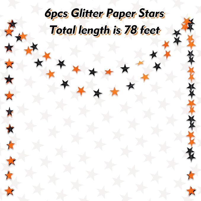 BEISHIDA 6Pcs Black and Orange Star Garland Decor Twinkle Paper Star Streamers - Image 2