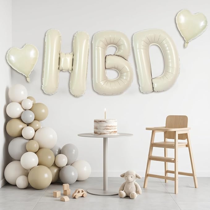 TONIFUL Cream White Big HBD Letter Happy Birthday Balloons Banner 40 Inch Ivory - Image 5
