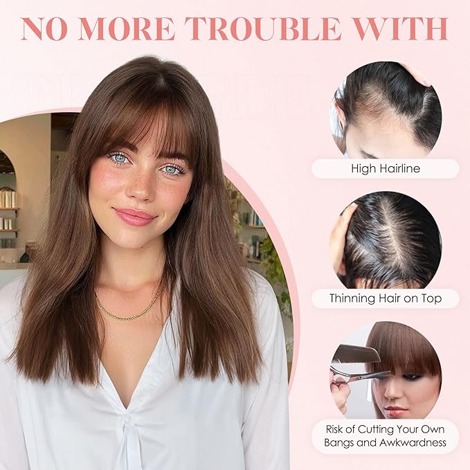 Hairro Human Hair Toppers with Wispy Bangs, 3.5x4.7" Hand-wovened Base for Women with Thinning Hair, Lightweight & Breathable Realistic Scalp, Clip-in Hairpieces for Easy Wear, 16 Inch Blondish Brown