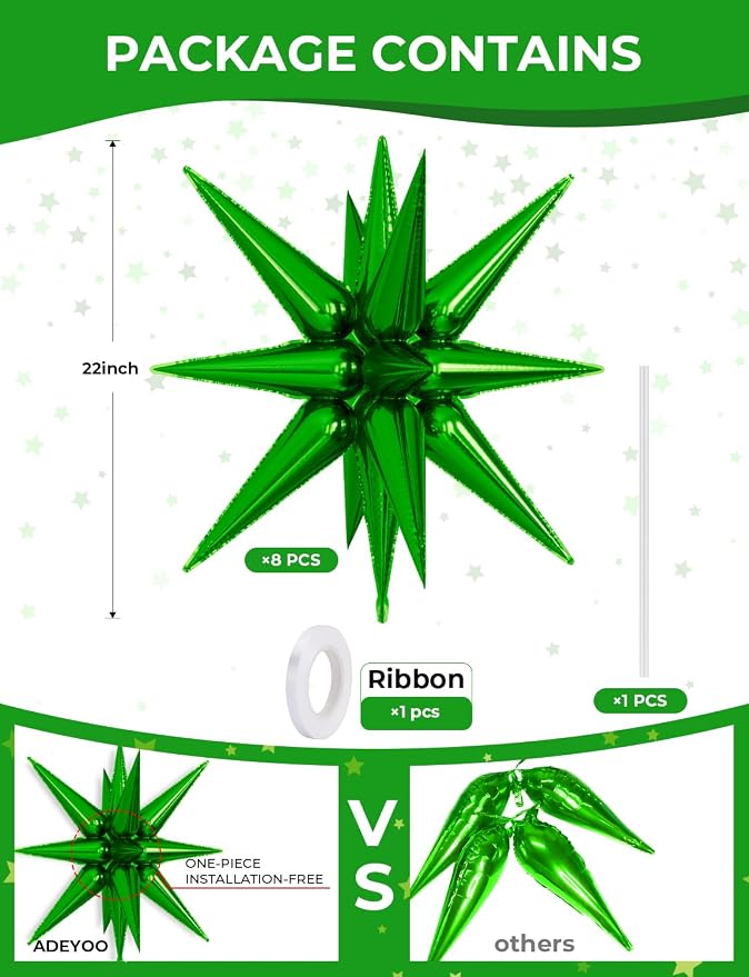 Green Star Balloons, Large Spike Balloons | 22 Inch Green Balloons, One-Piece - Image 4