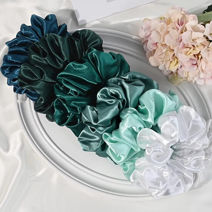 CEELGON Large Silk Satin Scrunchies - Jumbo Hair Ties for Thick Curly Hair - Pack of 6 (Green)