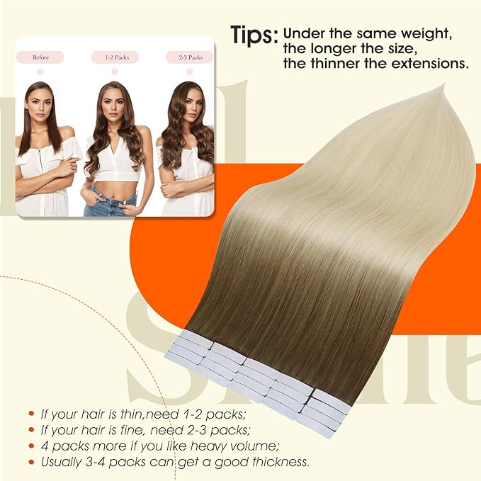 Full Shine Tape in Hair Extensions Real Human Hair Color 3/8/613 Balayage Tape ins Human Hair Extensions Remy Straight Hair Double Sided Adhesive Invisible Extension 22Inch 20Pcs 50G Soft Silky