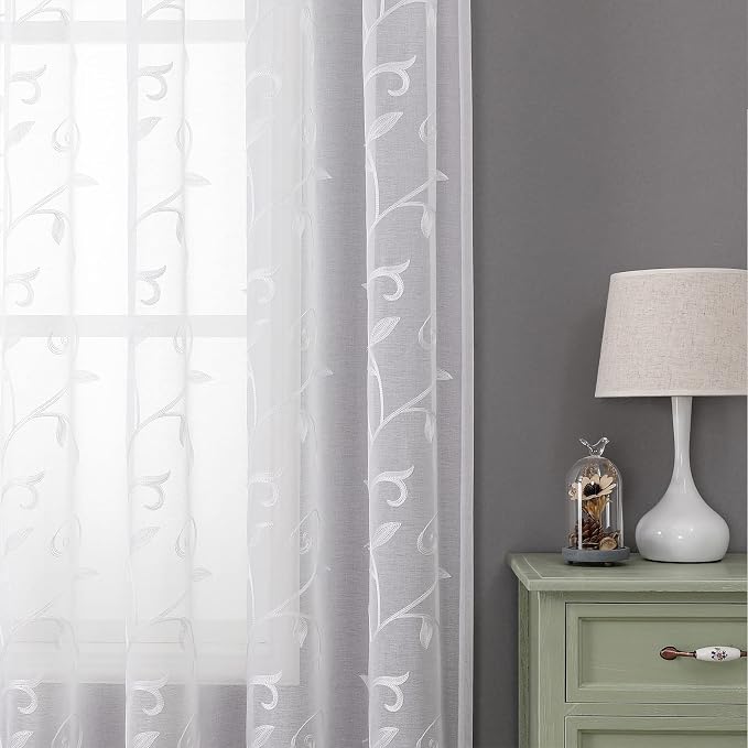 White Sheer Curtains Embroidered Leaves 2 Panels 54Wx63L | Light Filtering - Image 8