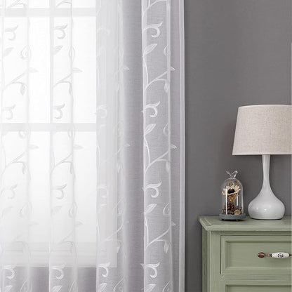 White Sheer Curtains Embroidered Leaves 2 Panels 54Wx63L | Light Filtering - Image 8