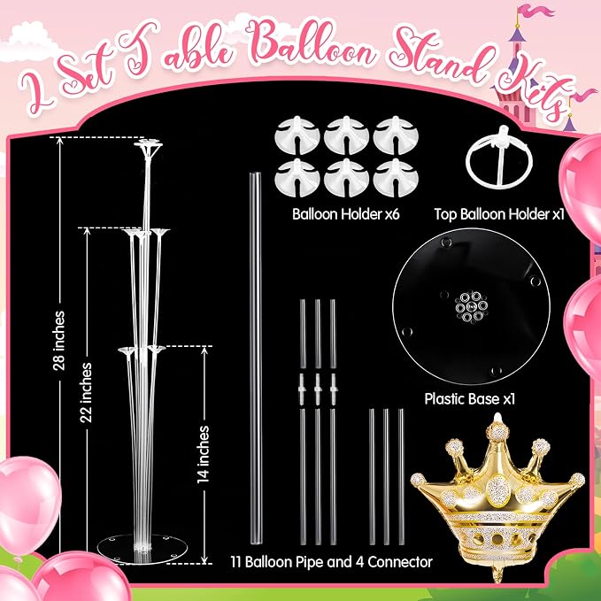 Seematn 2 Set Princess Balloon Stand Kits Pink Gold Crown Balloons Sticks Holder - Image 3