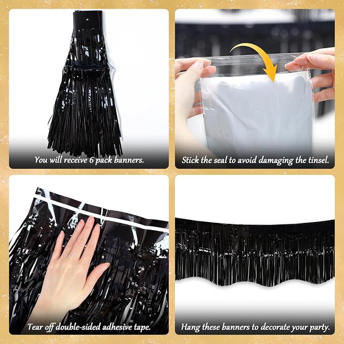 LOLStar Black Foil Fringe Tinsel Garland, Tinsel Streamers Banner, 6 Pack | - Image 5