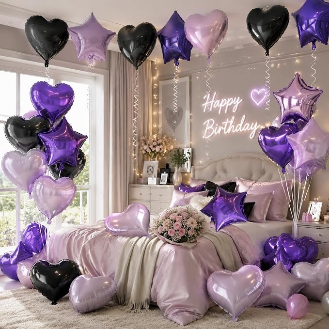 TONIFUL 18 Inch Black Purple Star and Heart Foil Balloons 18PCS Black Purple - Image 3