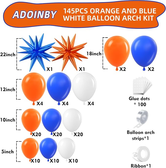 Blue and Orange White Balloon Arch Kit, Different Size Balloons - Image 2