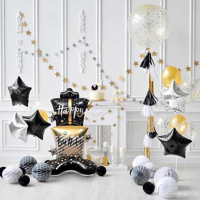 61" Black & Gold Gift Box Standing Happy Birthday Foil Balloon | giant black - Image 4