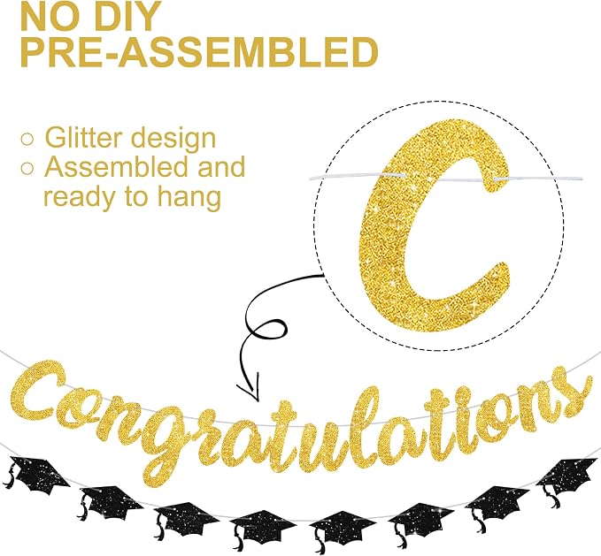 Gold Glitter Congratulations Banner, 2026 Graduation Party Decorations Grad - Image 2