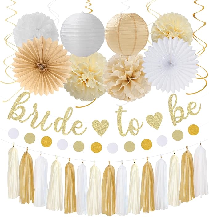 Champagne Gold White Bridal-Shower Party-Decorations by Burgleda