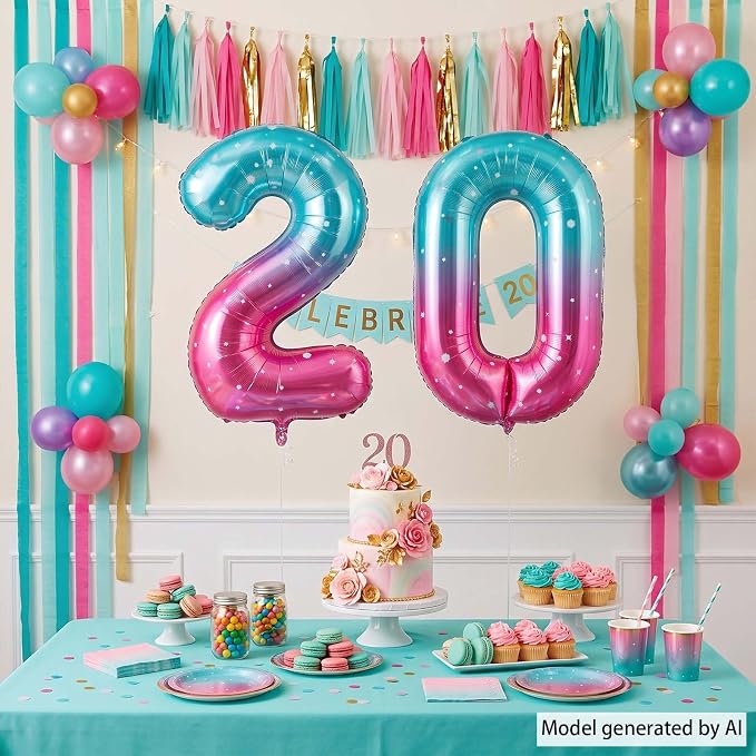 40 Inch Blue Pink Number 20 Balloon, Ombre Foil 20th Birthday Party Decor | - Image 6